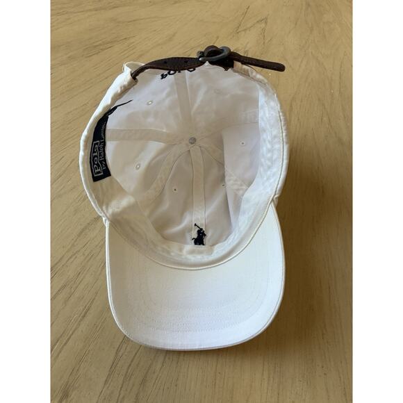 Vintage 90s Polo Ralph Lauren Hat WHITE Blue Pony Logo Leather Strap Preppy READ - Picture 9 of 14